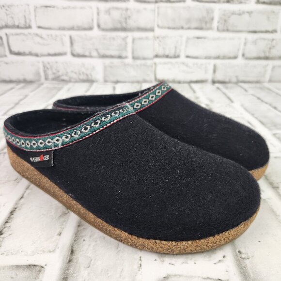 Haflinger GZ Clog Women Size 8 EU 39 Black Wool Slippers Hard Sole Blue Slip On - Picture 1 of 11